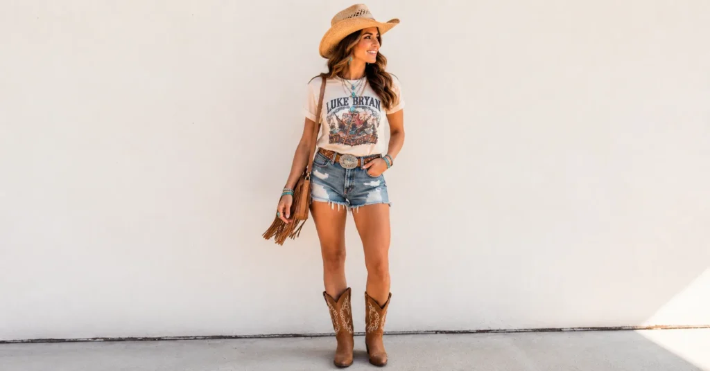 Luke Bryan Concert Outfit Ideas: Boots, Denim & Country Style 3 Luke Bryan Concert Outfit Ideas with a classic Americana country style featuring denim, cowboy boots, leather, and turquoise accessories.