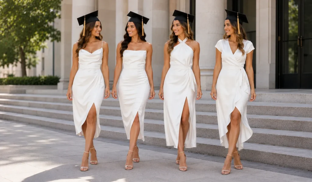 The Perfect White Graduation Dress: Styles, Trends & Tips 8 Luxurious satin and silk White Graduation Dress styles for graduation day.