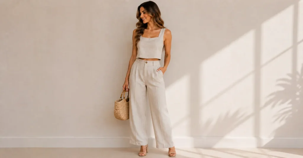 21st Birthday Outfit Ideas featuring a coordinated linen two-piece outfit for a chic birthday celebration.