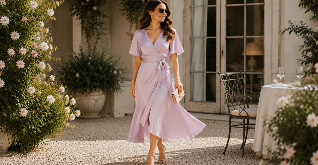 Spring Wedding Outfit: What to Wear for Every Dress Code, Venue & Weather Twist 16 Midi wrap dress featured in the Spring Wedding Outfit Style Guide.