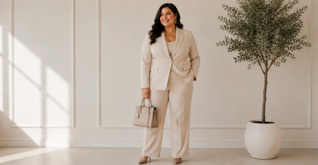 Plus Size Birthday Outfit Ideas: Stunning Looks You'll Absolutely Love 9 Monochromatic suit styling for Plus Size Birthday Outfit Ideas.