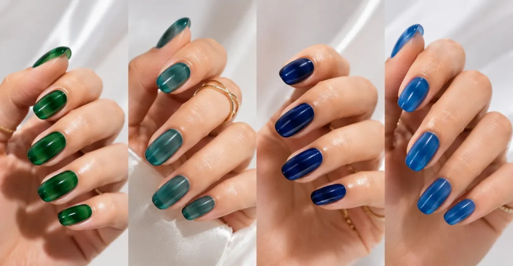 Jelly Nails: The Complete Guide to Trendy Colors, Designs & Styling Ideas 6 Moody blue and green jelly nails with elegant translucent color.