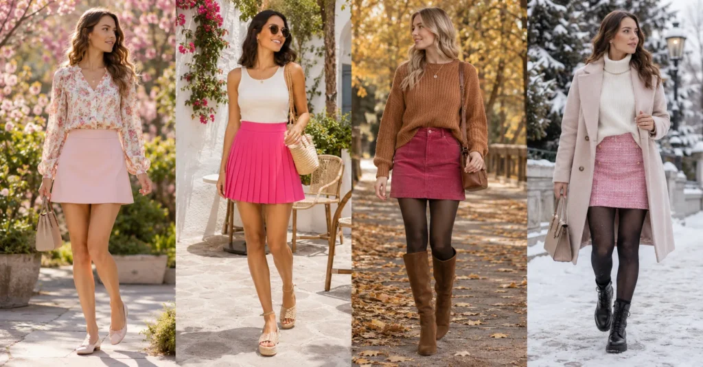 How to Perfectly Style a Pink Mini Skirt for Any Occasion 8 Year-round Pink Mini Skirt styling ideas for spring, summer, fall, and winter outfits.