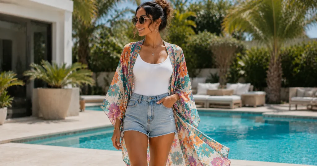 Pool Party Outfits: The Complete Guide to Effortless Summer Style 9 Pool Party Outfits featuring a colorful kimono with light-wash denim shorts.