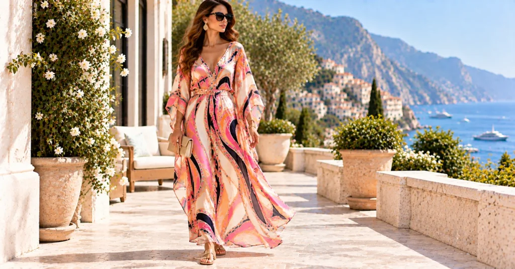 Pucci Outfit Ideas: Stunning Ways to Style Bold Prints 26 Pucci outfit featuring a flowing printed kaftan, metallic sandals, sunglasses, and clutch