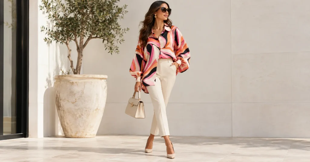 Pucci Outfit Ideas: Stunning Ways to Style Bold Prints 11 Pucci outfit demonstrating scale contrast with a bold printed blouse and tailored trousers