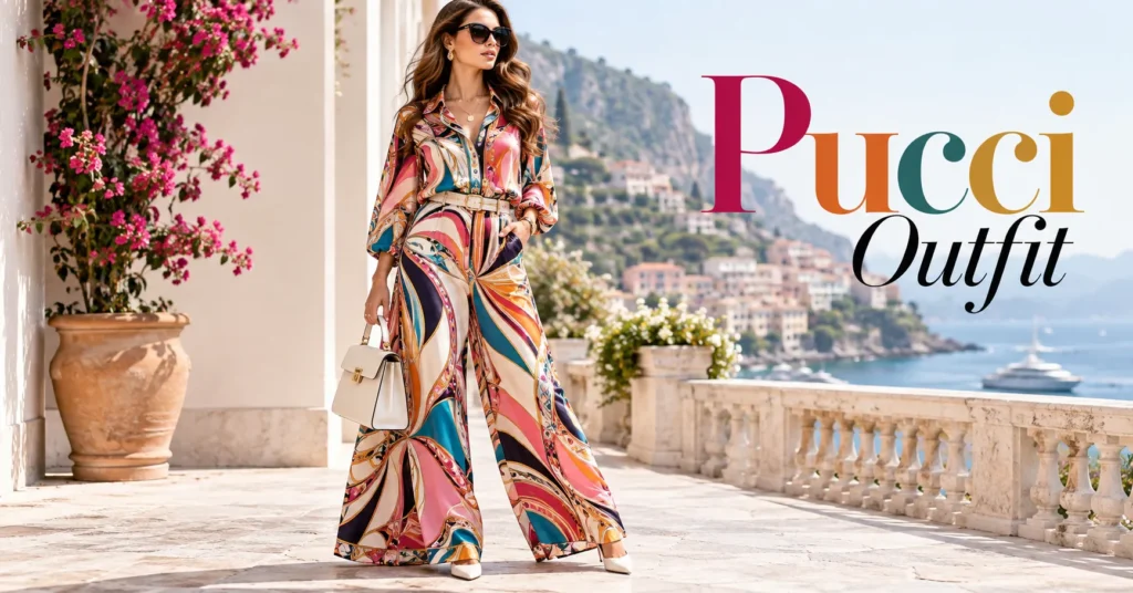 Pucci Outfit Ideas: Stunning Ways to Style Bold Prints 2 Pucci outfit featuring a colorful printed silk blouse, wide-leg trousers, heels, and sunglasses