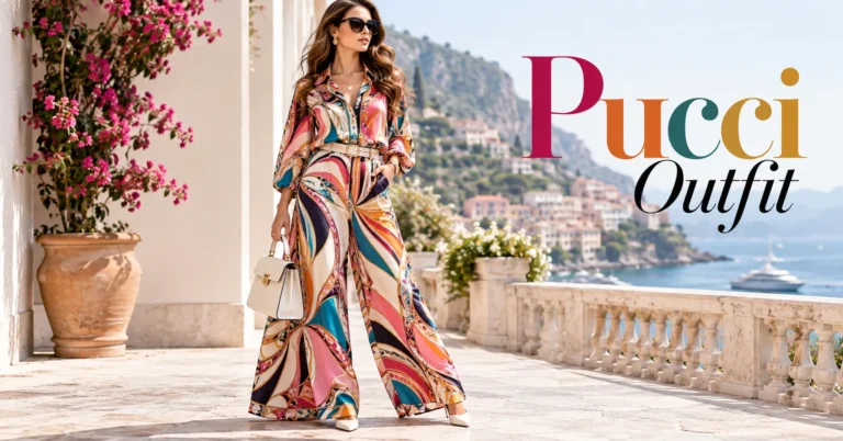 Pucci outfit featuring a colorful printed silk blouse, wide-leg trousers, heels, and sunglasses