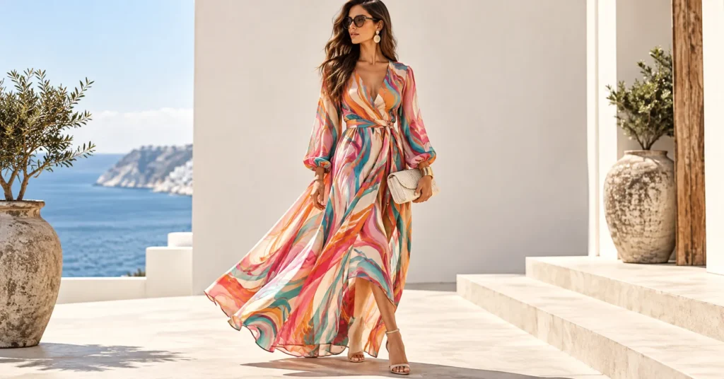 Pucci Outfit Ideas: Stunning Ways to Style Bold Prints 14 Pucci outfit featuring a flowing printed maxi dress, sandals, sunglasses, and clutch