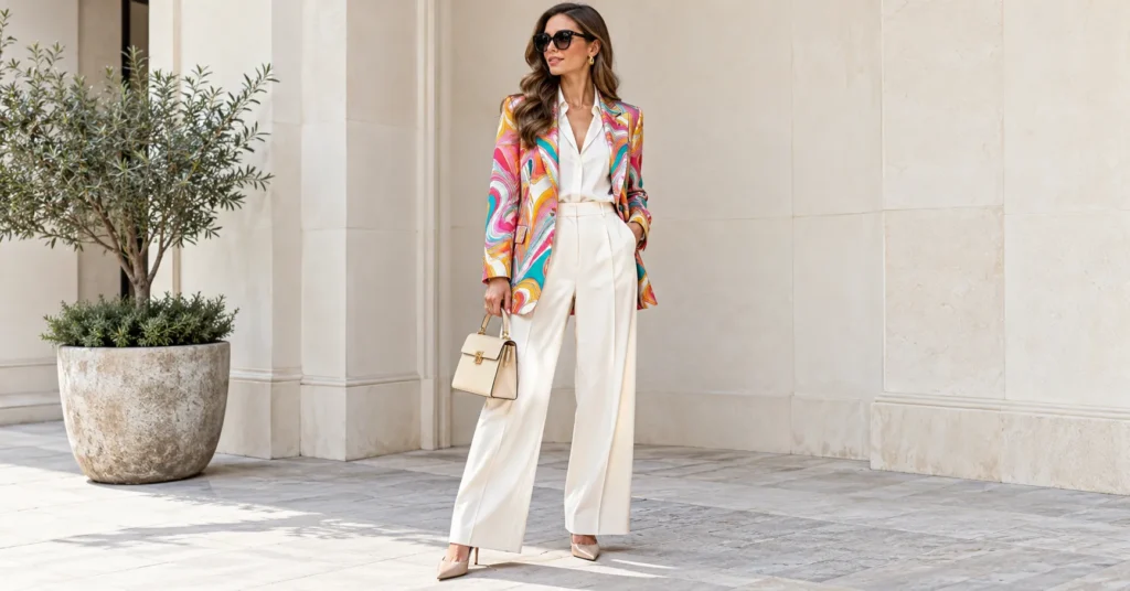 Pucci Outfit Ideas: Stunning Ways to Style Bold Prints 34 Pucci outfit projecting unapologetic confidence with a colorful printed blazer and tailored trousers