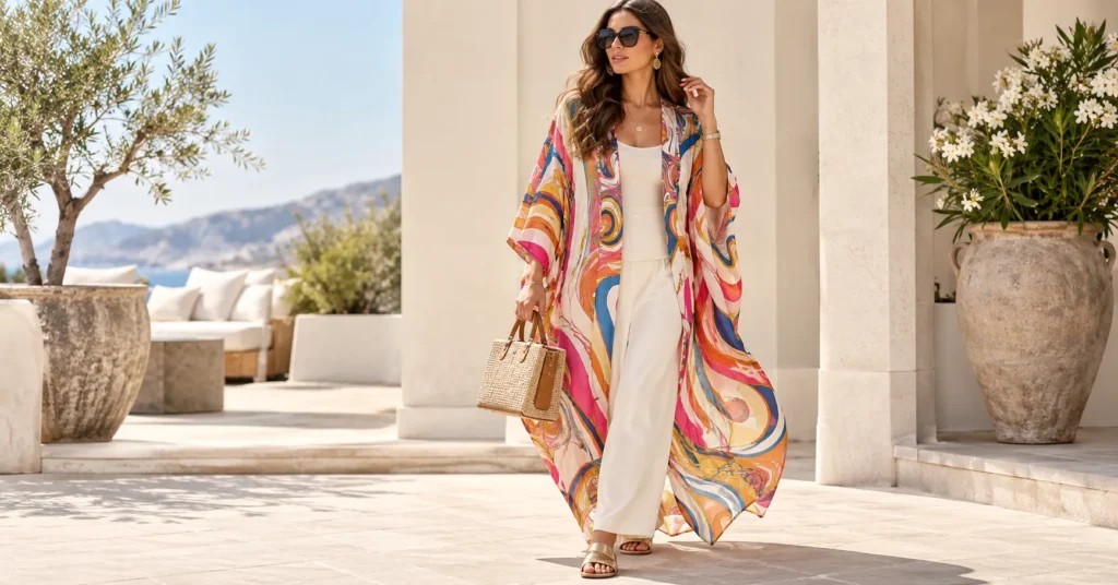 Pucci Outfit Ideas: Stunning Ways to Style Bold Prints 6 Pucci outfit styled as luxurious colorful resort wear with a silk kaftan and sunglasses
