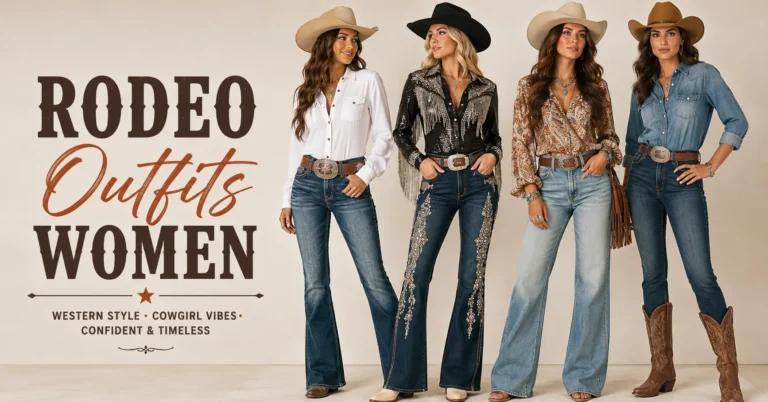 Rodeo Outfits Women style guide featuring four modern western fashion looks with denim jeans, cowboy boots, and hats.