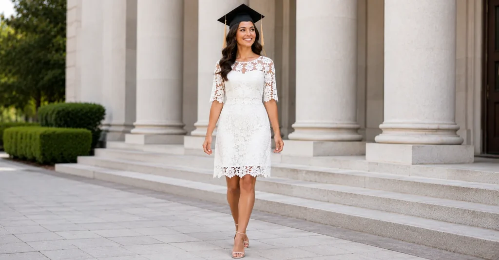 The Perfect White Graduation Dress: Styles, Trends & Tips 5 Romantic lace White Graduation Dress with elegant floral details.
