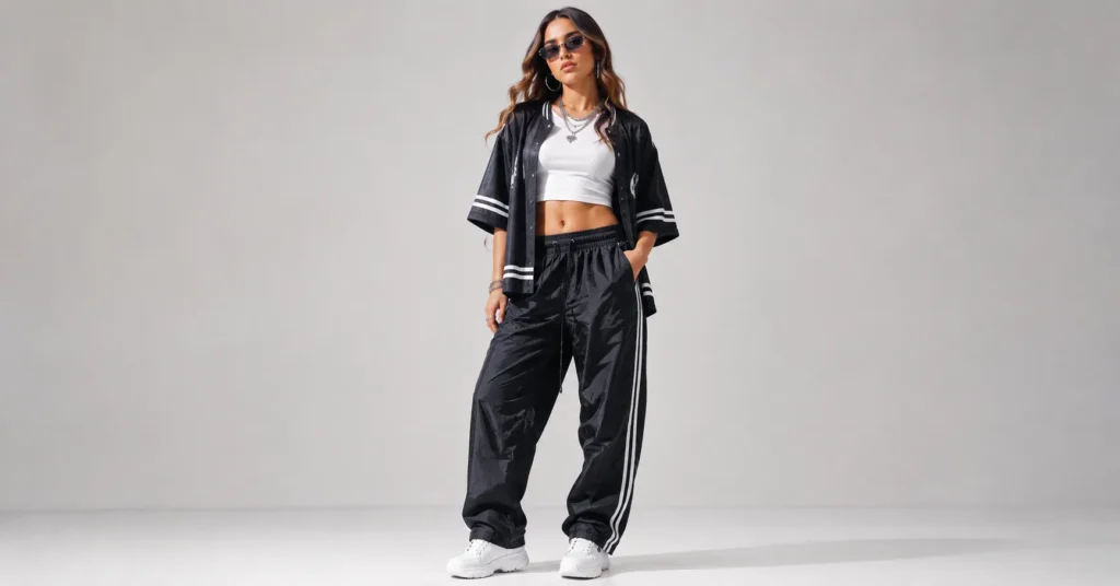 Sporty chic Tate McRae Concert Outfit with oversized jersey, athletic pants and chunky sneakers