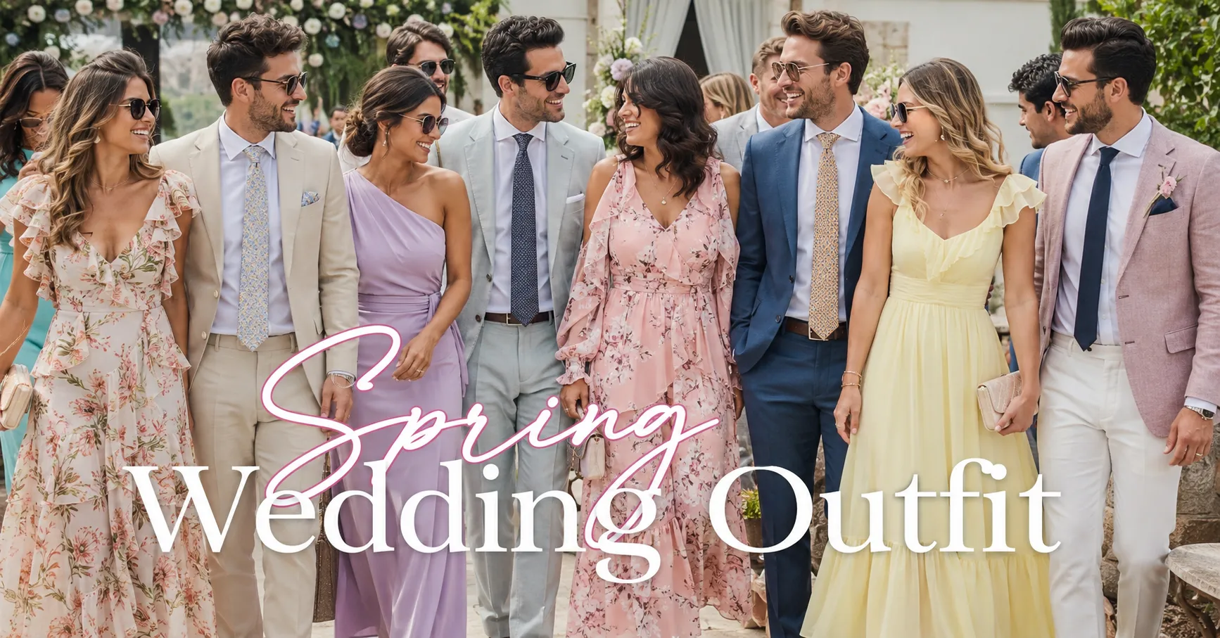 Elegant guests wearing stylish looks from the Spring Wedding Outfit Style Guide.