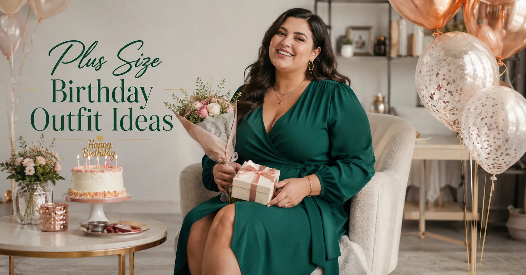Stylish Plus Size Birthday Outfit Ideas featuring an elegant wrap dress for a classy birthday celebration.