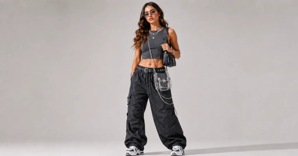 Tate McRae Concert Outfit accessories with Y2K sunglasses, silver jewelry and concert bag