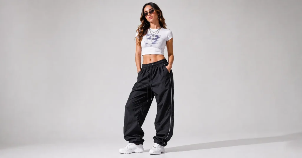 Tate McRae Concert Outfit featuring a Y2K baby tee with oversized parachute pants