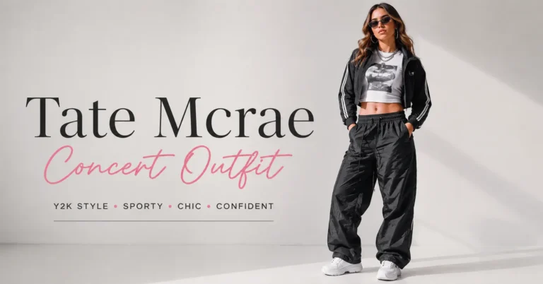 Tate McRae Concert Outfit featuring a Y2K sporty-chic look with baby tee, parachute pants and chunky sneakers