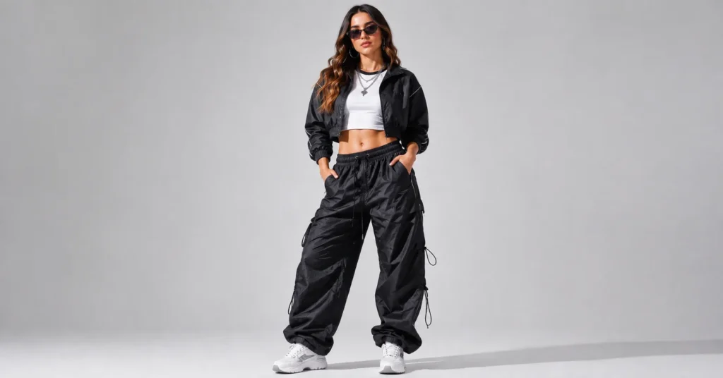 Tate McRae Concert Outfit featuring oversized black nylon parachute pants