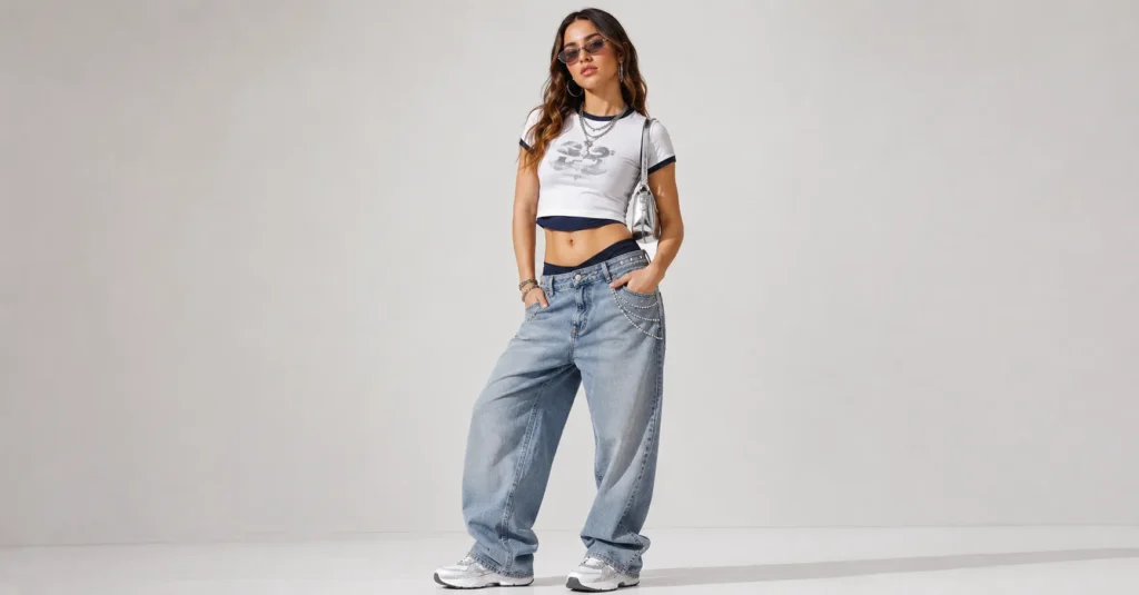 Tate McRae Concert Outfit with Y2K baby tee, low-rise baggy denim and retro accessories