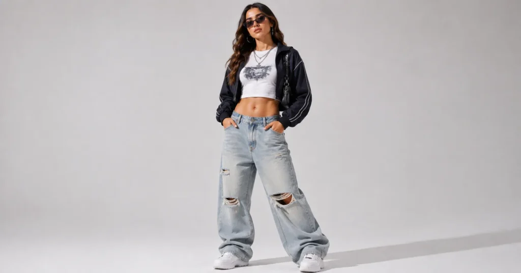 Tate McRae Concert Outfit with baggy distressed denim and Y2K sporty-chic styling