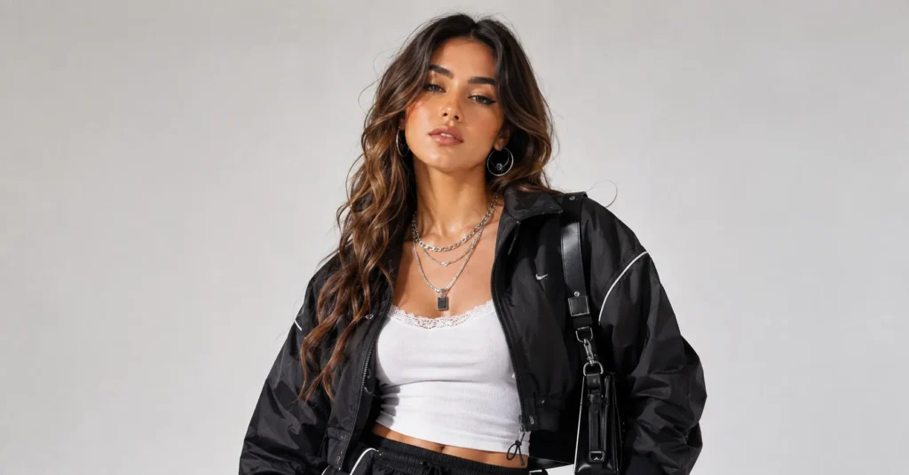 Tate McRae Concert Outfit with effortless Y2K hair, winged eyeliner and glossy makeup