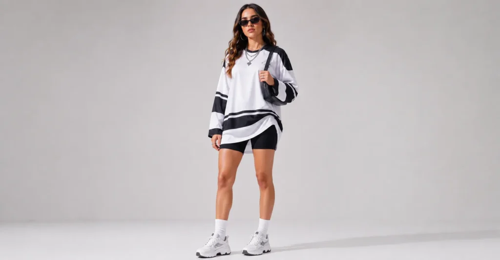 Tate McRae Concert Outfit with oversized hockey jersey, biker shorts and chunky sneakers