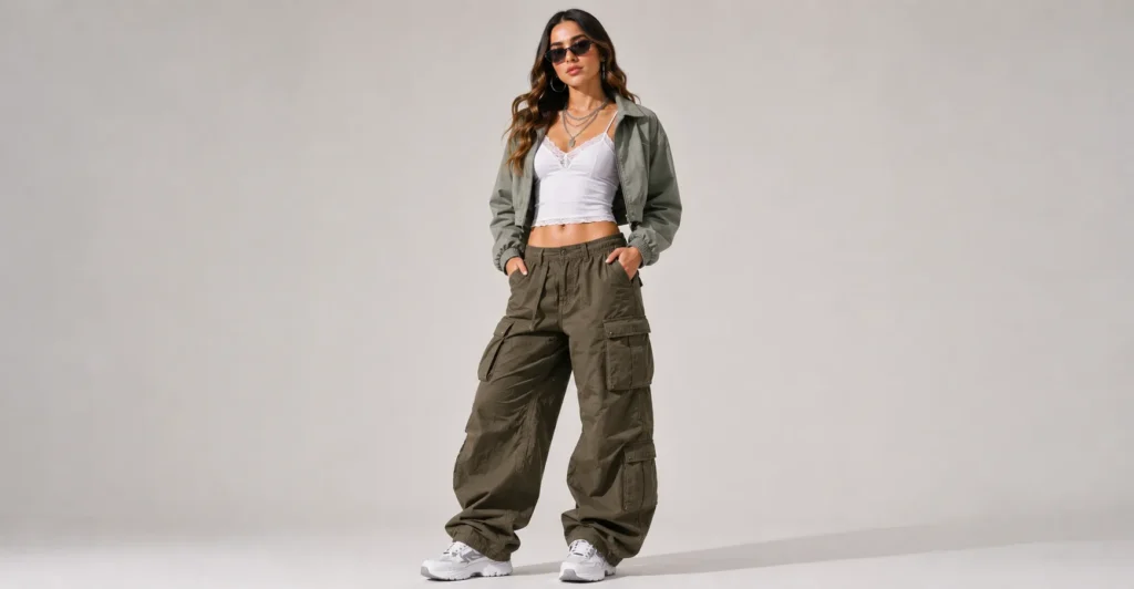Tate McRae Concert Outfit with oversized olive cargo pants and Y2K streetwear styling