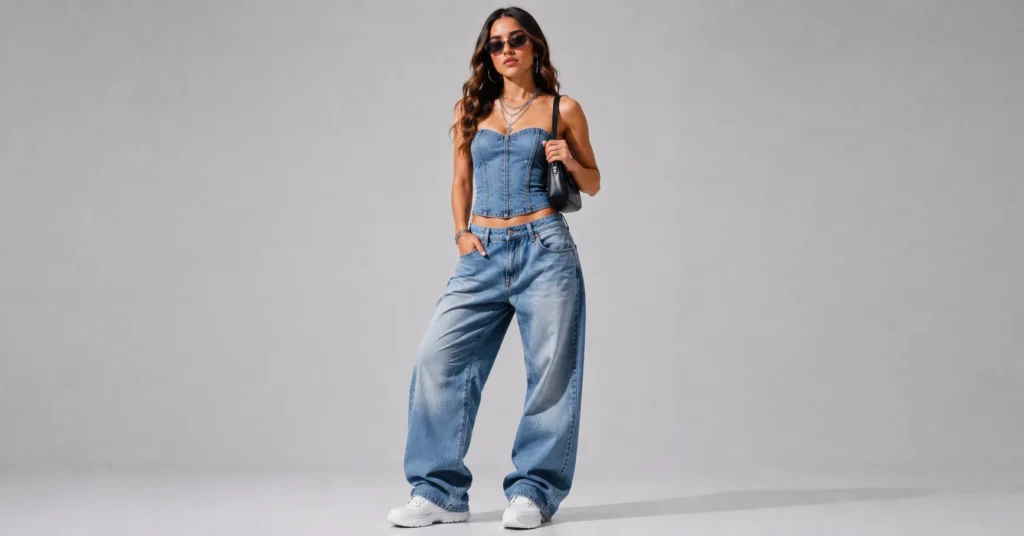 Tate McRae Concert Outfit with structured denim corset-inspired top and baggy jeans