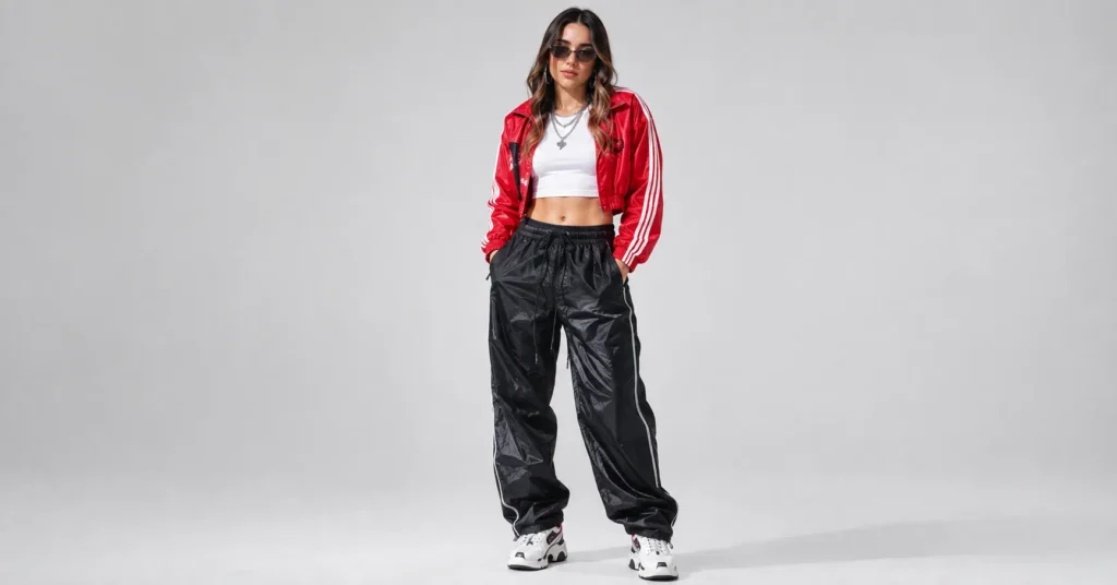 Think Later inspired Tate McRae Concert Outfit in red, white and black sporty streetwear