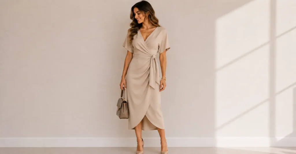 21st Birthday Outfit Ideas showcasing a flattering wrap dress with elegant accessories.