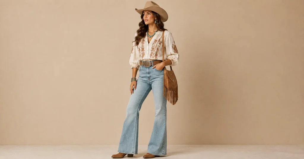 Rodeo Outfits Women inspired by bohemian western fashion with earthy desert styling.