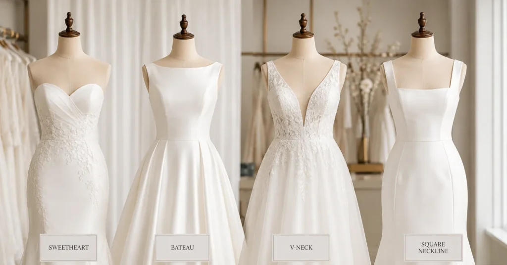 Guide to Choosing Bridal Gowns showing popular bridal gown necklines.