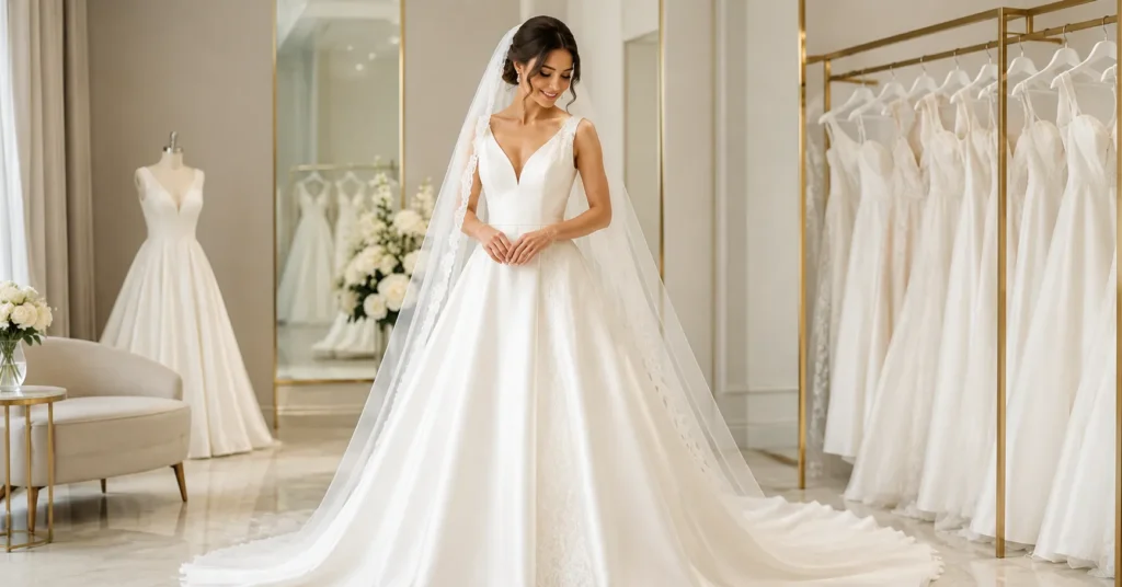 Guide to Choosing Bridal Gowns showing a classic A-Line bridal gown.