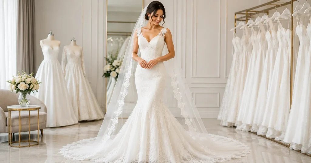 Guide to Choosing Bridal Gowns featuring an elegant Mermaid bridal gown.