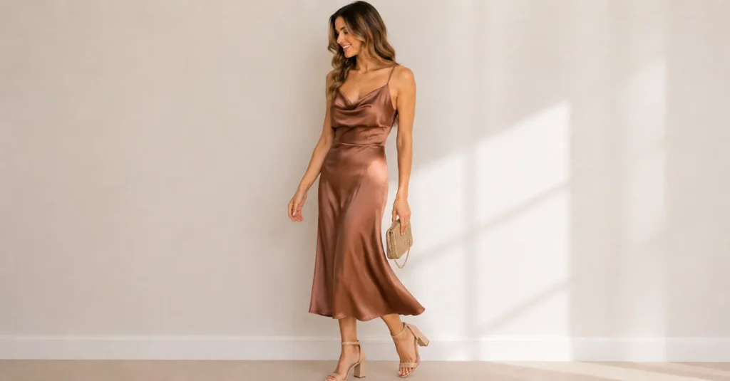 21st Birthday Outfit Ideas featuring an elegant satin midi slip dress for birthday celebrations.