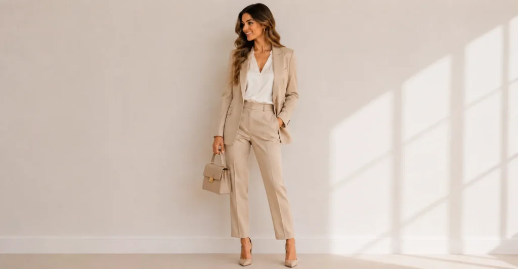 21st Birthday Outfit Ideas featuring a fashionable tailored power suit for a sophisticated birthday look.