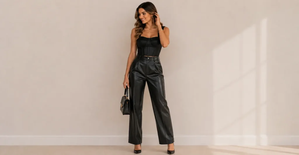 21st Birthday Outfit Ideas featuring faux leather trousers with a structured corset-inspired top.