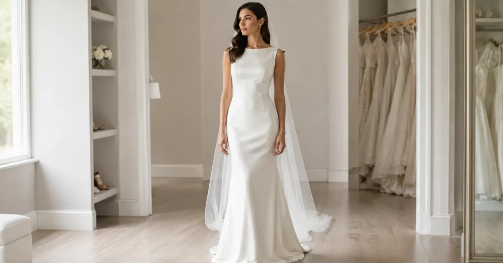 Guide to Choosing Bridal Gowns featuring a minimalist Sheath or Column bridal gown.