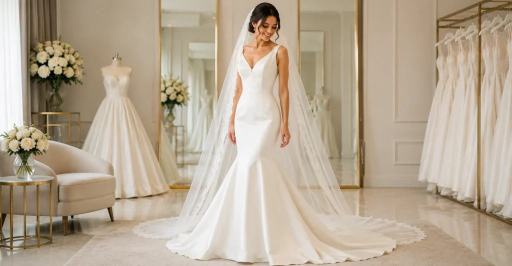 Guide to Choosing Bridal Gowns showing a stylish Trumpet bridal gown.