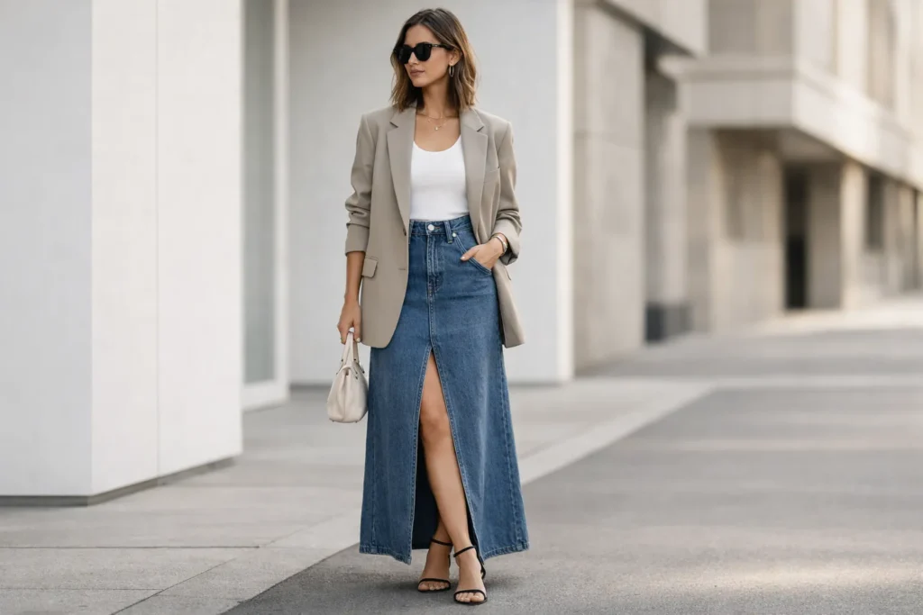 Trending Denim Maxi Skirt Outfit Ideas 