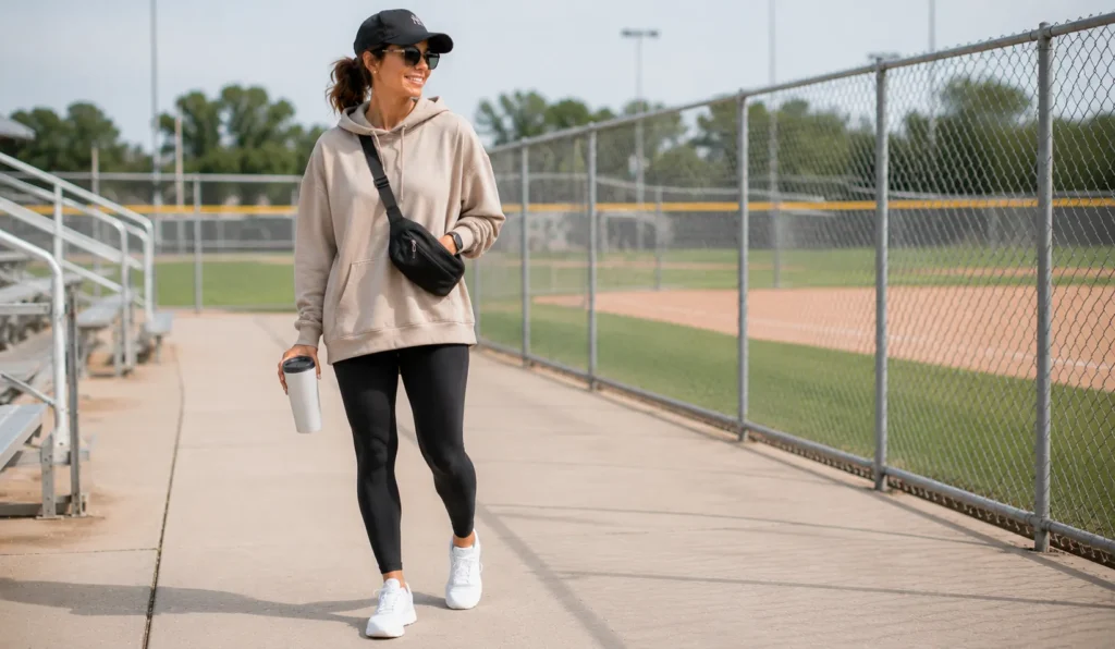 Don't Miss These Softball Mom Outfits for Every Tournament Day 10 Athleisure Softball Mom Outfits with leggings and hoodie.