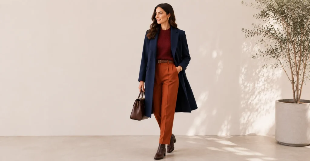 Autumn Navy Blue Outfits styled with burgundy and rust color combinations.