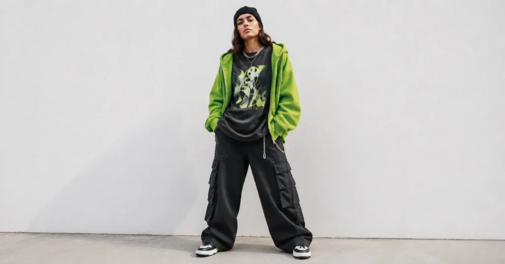 Billie Eilish Concert Outfit Ideas combining bold colors, dark grunge and oversized streetwear