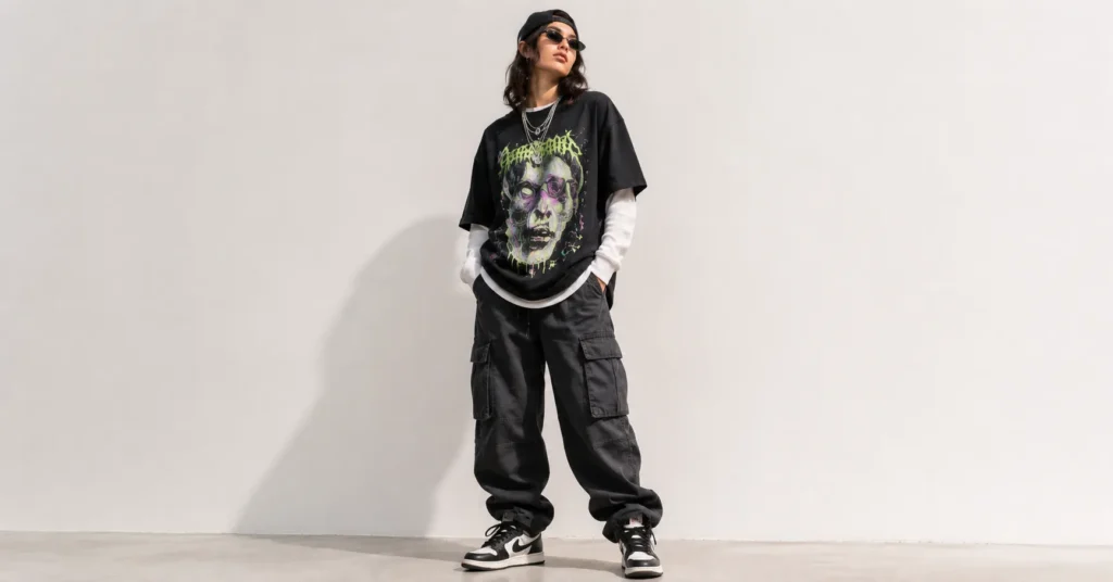 Billie Eilish Concert Outfit Ideas with chunky sneakers, silver chains, rings and alternative accessories