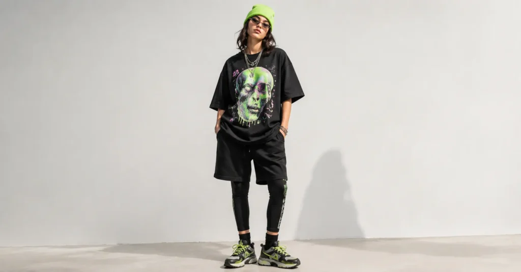 Billie Eilish Concert Outfit Ideas with dark graphic streetwear and neon green accessories