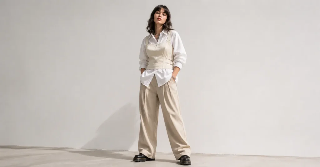 Billie Eilish Concert Outfit Ideas with soft vintage grunge, cream layers and wide-leg trousers