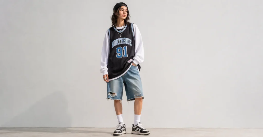 Billie Eilish Concert Outfit Ideas with sporty Y2K streetwear, basketball jersey and distressed denim