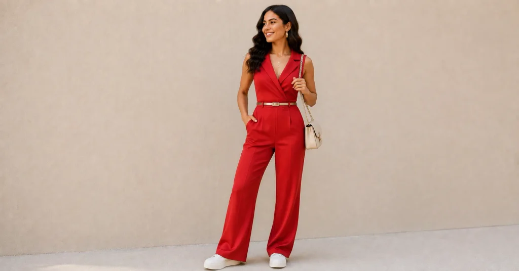 15 Bruno Mars Concert Outfit Ideas: What to Wear in 2026 12 Bruno Mars Concert Outfit Ideas with a tailored red jumpsuit and comfortable platform sneakers